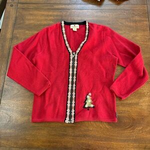 VTG Woolrich Sweater Wool Zip Red Cardigan Womens M Embroidered Christmas Tree
